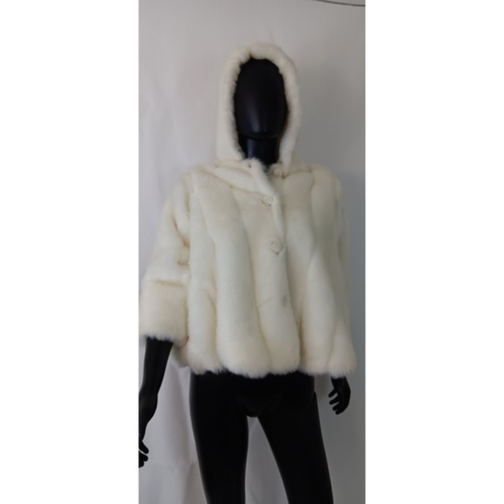 Cachcach Womens Faux Fur Hoodie White Waist Coat Size 6 Made in USA KS0342